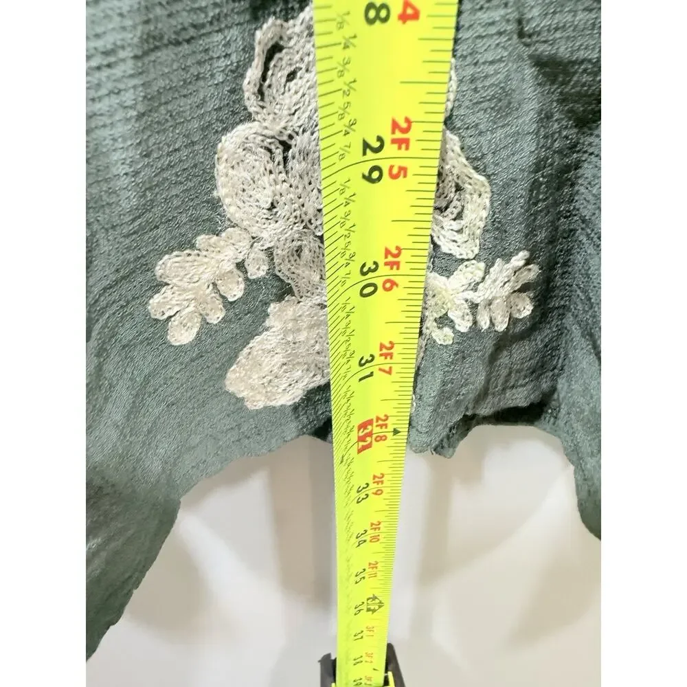 Sadie and Sage Green White Floral Embroidered V-Neck Bell Sleeve Dress
